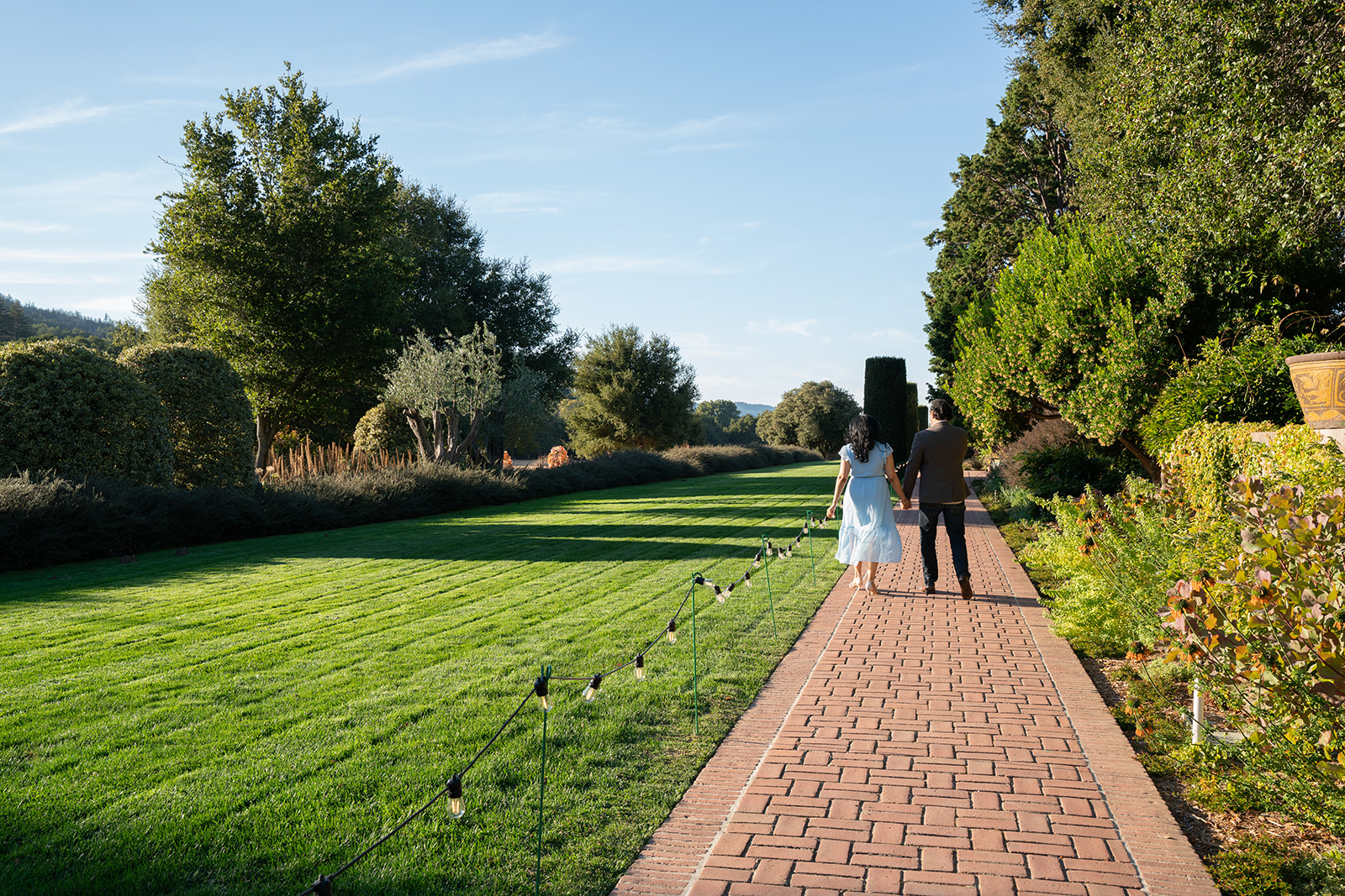 A couple walking hand-in-hand through a garden, their backs to the camera. To their left, a perfectly manicured green grass field and neatly trimmed hedges stretch out, while a clear blue sky overhead adds to the serene atmosphere.