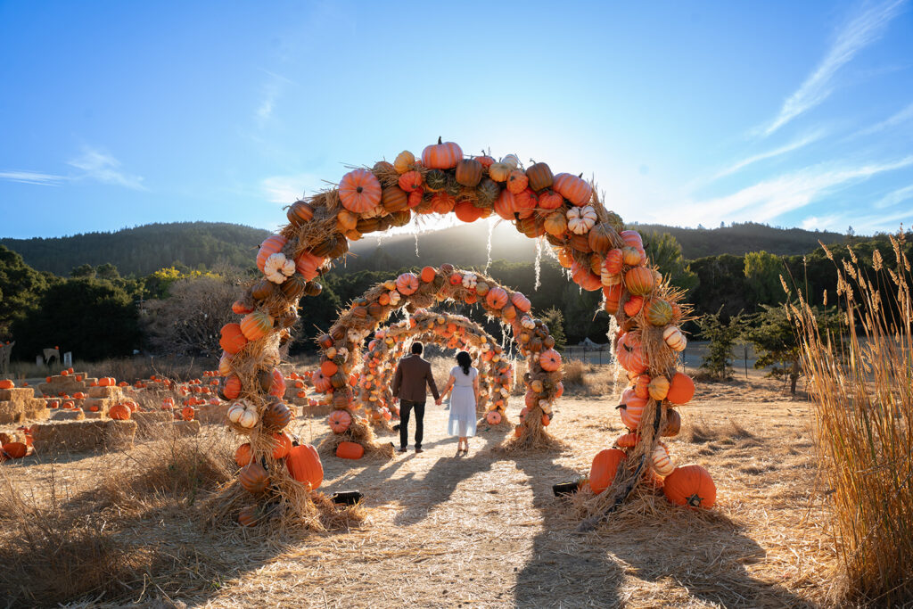 A couple stands under a grand pumpkin arch at a pumpkin patch in California, holding hands as they gaze towards the distant mountains. The bright blue sky is adorned with swirling white clouds, and a warm sun flare casts a golden glow over the scene. The arch, made of vibrant orange pumpkins, frames them perfectly, adding to the cozy autumn atmosphere. Their fingers interlocked, they share a quiet, intimate moment, surrounded by the beauty of the season and the vast, open landscape stretching before them.