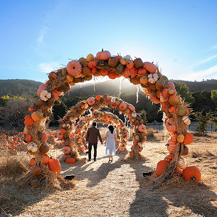 A couple walks hand in hand under a pumpkin arch at a pumpkin patch in California, facing the mountains. The sun shines brightly, casting a warm glow over the scene, while a blue sky with a few white clouds stretches above. The vibrant orange pumpkins contrast beautifully against the natural landscape, creating a picturesque and romantic autumn moment.